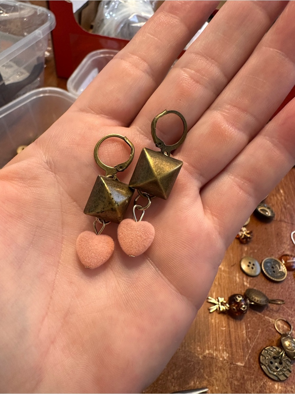 Blush Pink Heart Drop Earrings with Antique Brass Accents